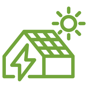 graphic of a house with solar panels on side and sun shining