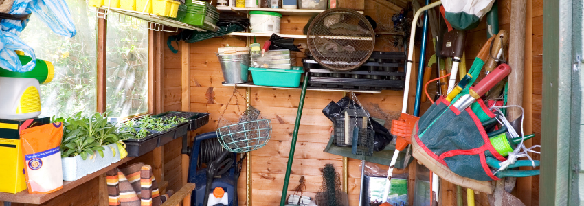 Tools and junk inside a shed